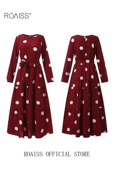 ROAISS Women Spring Muslim Dress Elegant Casual Loose Abaya Long Sleeved Polka Dots Printed Maxi Robe
