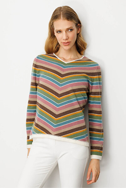 Desen Triko Striped V-Neck Women's Sweater - Bone Color