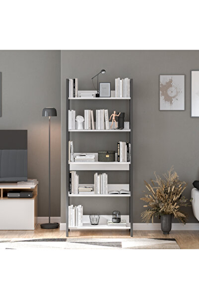 Adore Mobilya Profile Kitaplık 5 Raflı Diamond Beyaz / Siyah 73x172x35 cm