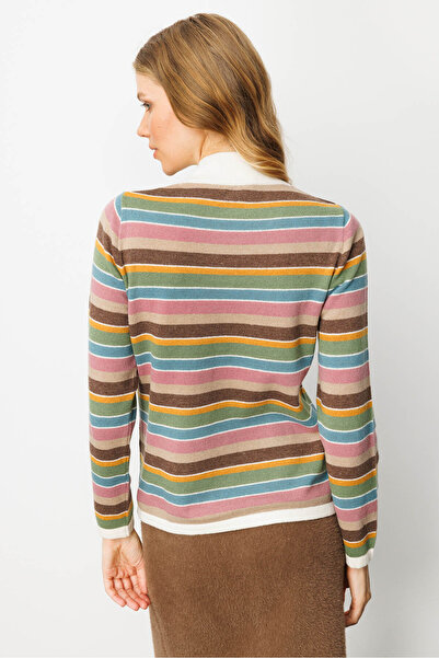 Desen Triko Women's Striped Half Turtleneck Sweater Bone