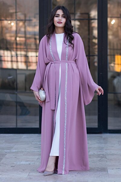 MELEK ARAZ Pink Front Stone Stripe Abaya