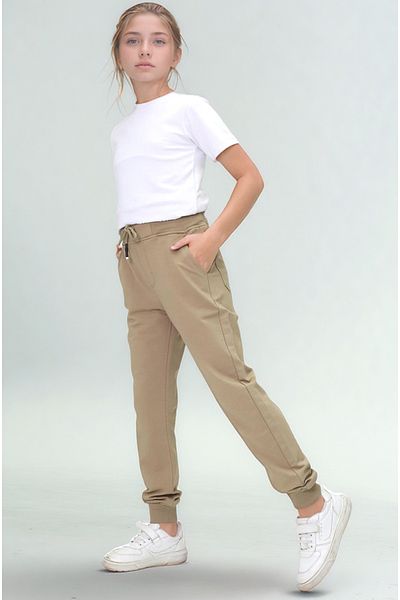 Asortix Girls' Beige School Trousers 100% Cotton Elastic Waist and Leg Relaxed Fit