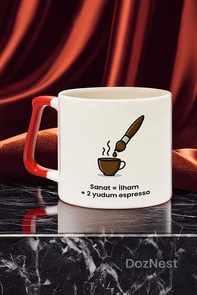 DozNest "Art = Inspiration + 2 Sips of Espresso" Written Red Handle Mug Cup - Gift Coffee Cup Dza25