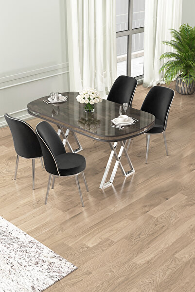 Canisa Lai Serisi 90x168 Lak Panel Antrasit İroni Masa 4 Siyah Sandalye Krom ...