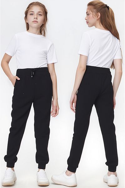 Asortix Girls' Black School Trousers 100% Cotton Elastic Waist and Leg Relaxed Fit