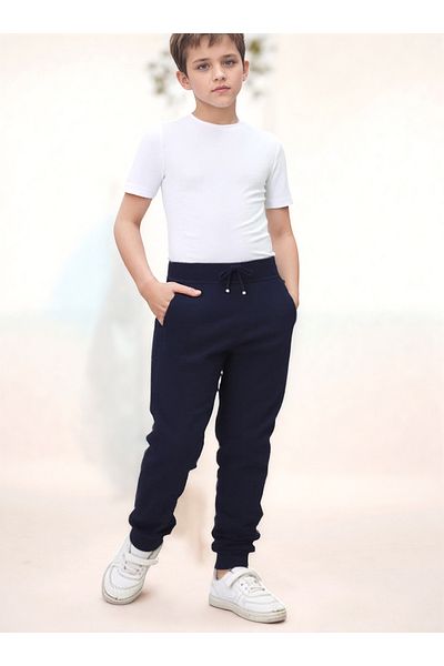 Jannock Boys' Knitted Cotton Combed School Trousers – 100% Cotton – Elastic Waist and Legs – Navy Blue Color