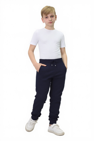 Asortix Boys' Navy Blue School Trousers 100% Cotton Elastic Waist and Leg Relaxed Fit