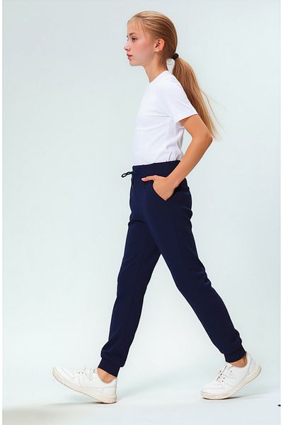 Asortix Girls' Navy Blue School Trousers 100% Cotton Elastic Waist and Leg Relaxed Fit