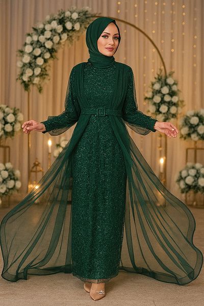 Neva Style Sequin Sequin Embroidered Green Hijab Evening Dress 56291Y