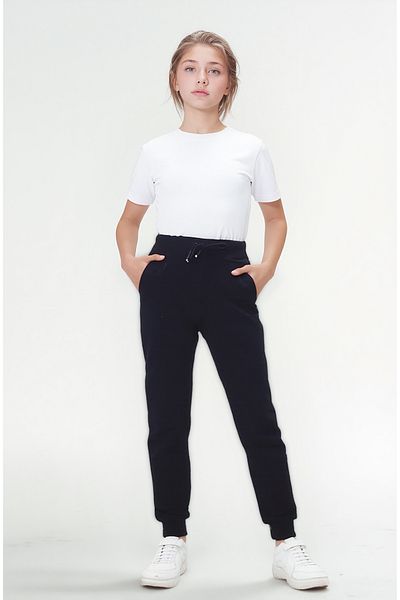 Asortix Girls' Black School Trousers 100% Cotton Elastic Waist and Leg Relaxed Fit