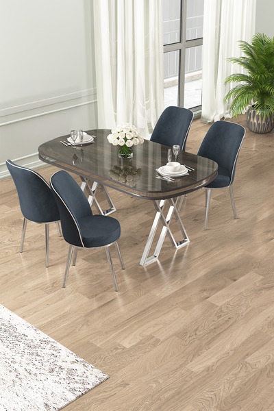 Canisa Lai Serisi 90x168 Lak Panel Antrasit İroni Masa 4 Antrasit Sandalye Kr...
