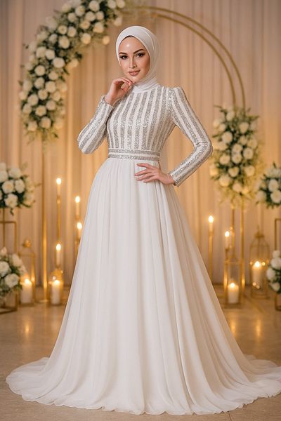 Neva Style Βραδινό φόρεμα Hijab με παγιέτες εκρού 5338e