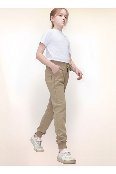 Jannock Girls' Knitted Cotton Combed School Trousers – 100% Cotton – Elastic Waist and Leg – Beige Color