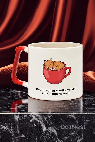 DozNest Red Handle Mug Cup with the Words "Cat + Coffee = Perfect Morning Algorithm" - Gift Mug Dza26