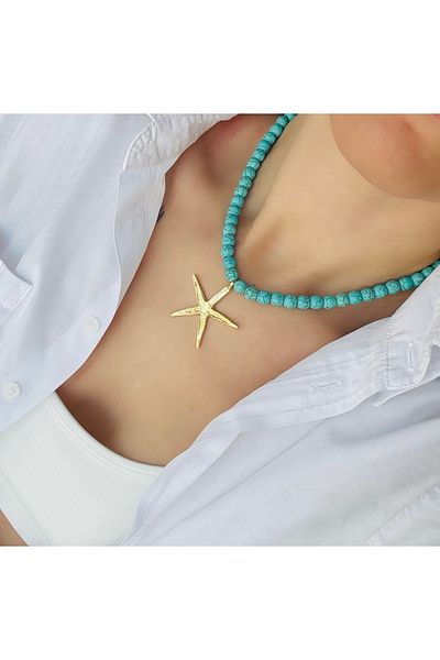Markiz Takı Turquoise Natural Stone Gold Star Necklace