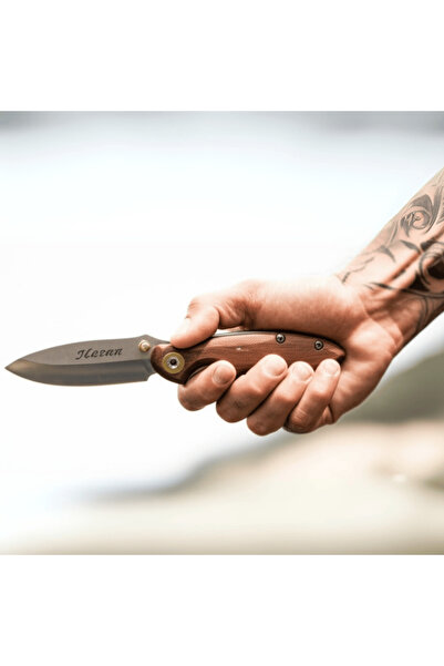 Tesbihane Ceviz Ağacı Saplı Kilit Mekanizmalı Kişiye Özel Isim Yazılı Dövme Çelik Avcı Ve Kamp Bıçağı - F110