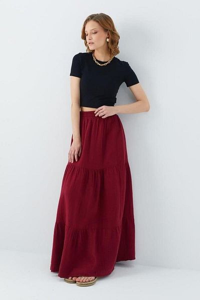 Mixray Fusta lungă de muselină cu volane pentru femei Claret Red 4567