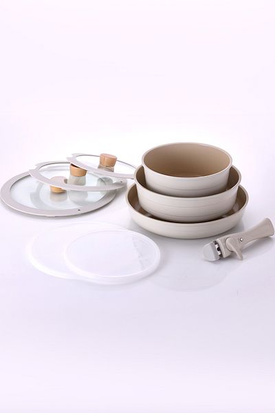 NEOFLAM Midas Beige 9-Piece Detachable Handle Nesting Induction Pot Pan Set