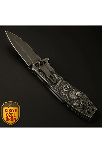 Tesbihane Sibirya Kurt Desenli Metal Saplı Isme Özel Yazılı 9cr18mov Kalite Paslanmaz Çelik Avcı Kamp Bıçağı