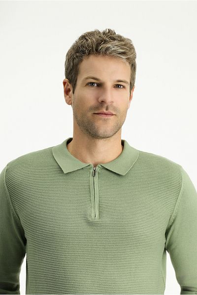 Kiğılı Polo Neck Regular Fit Zippered Patterned Cotton Knitwear Sweater