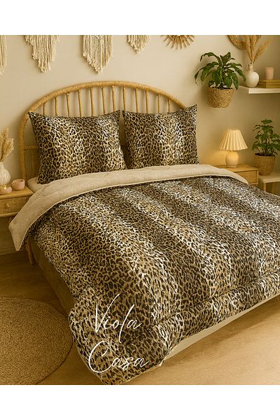 Violacasa Double Sided Welsoft Quilt Set Double Beige Leopard