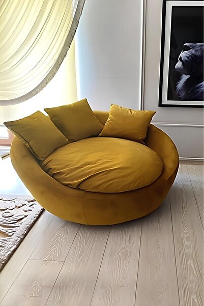 BOZKOÇHOME Ruby Yuvarlak 360° Döner Berjer Kadife Tekli Koltuk Modern Konforlu