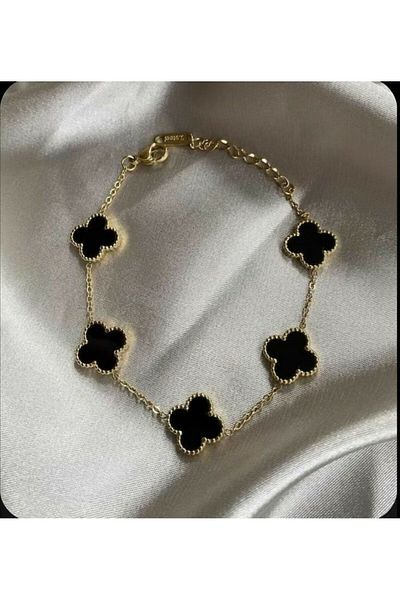 HISCOSMETIC Women's Gold Chain Viral Clover Black Detailed Double Sided Bracelet