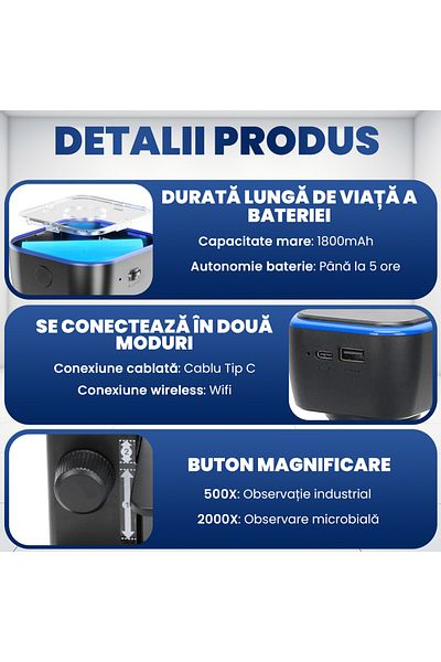 VENTLEX High Power Microscope 2000x, 5mpx Camera, Professional Lenses, Led Light, Wifi/usb Connection