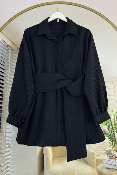 HİFADEN Women's Belt Detail Long Sleeve Hijab Shirt