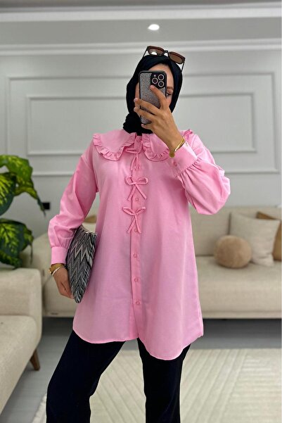 HİFADEN Kadın Fırfırlı Bebe Yaka Fiyonk Detaylı Tesettür Gömlek