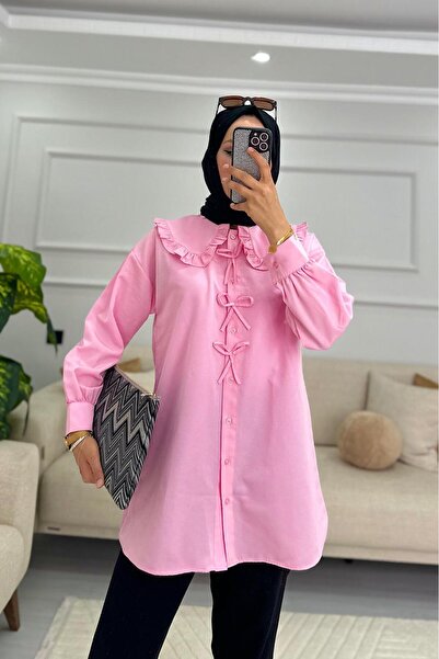 HİFADEN Kadın Fırfırlı Bebe Yaka Fiyonk Detaylı Tesettür Gömlek