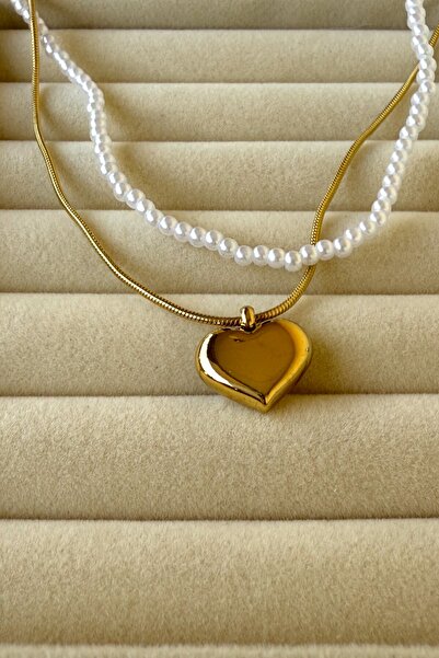 JewelsofHope Ayna Plaka Kalp Motifli Inci Kolye 45 Cm Kadın Paslanmaz Çelik Kolye