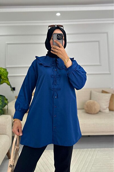 HİFADEN Kadın Fırfırlı Bebe Yaka Fiyonk Detaylı Tesettür Gömlek