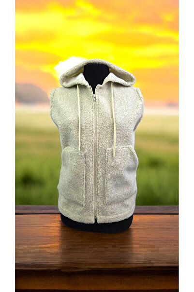 AHMERA Unisex Krem Normal Kalıp Kapüşonlu Cepli Polyester Bukle Desen Yelek