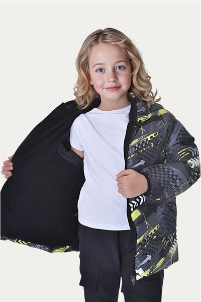Firststops Sports Girl's Yellow Black Digital Pattern Fleece Water and Windproof Hooded Puffer Coat
