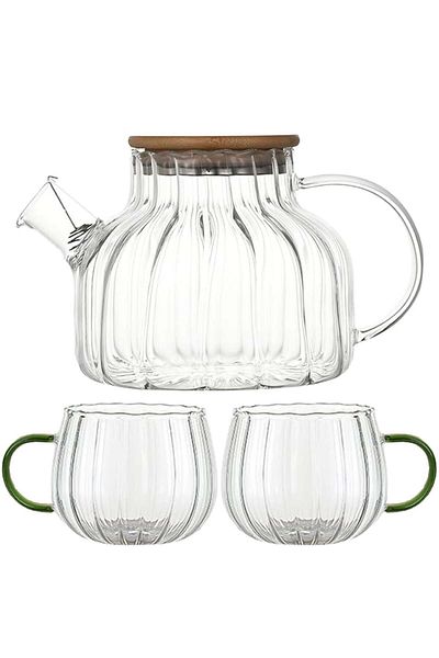 Quasar & Co. 2-Cup Kettle Set, With Filter And Lid, 950 Ml/2x400 Ml, Borosilicate Glass/Bamboo