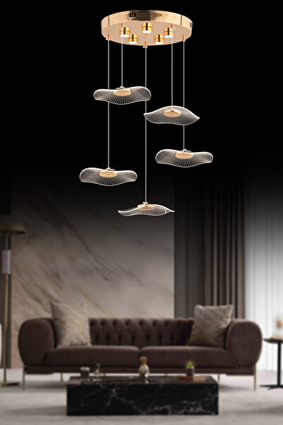 İstanbul Avize Şapka 5'li Kumandalı Gold Üç Renk Led Lüx Modern Ledli Avize