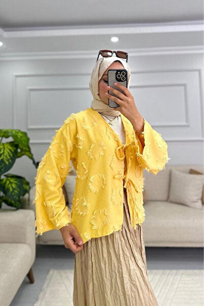 HİFADEN Women's Tasseled Tie Detail Hijab Kimono