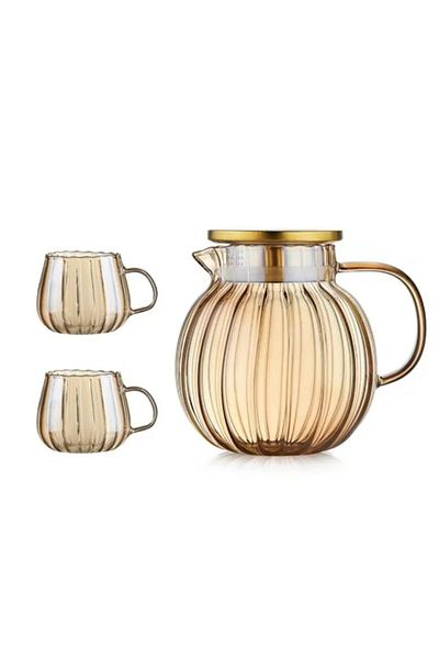 Quasar & Co. Kettle Set With 2 Cups, with Filter, Lid, Borosilicate Glass/Stainless Steel, 1200 Ml/2x400ml, Amber