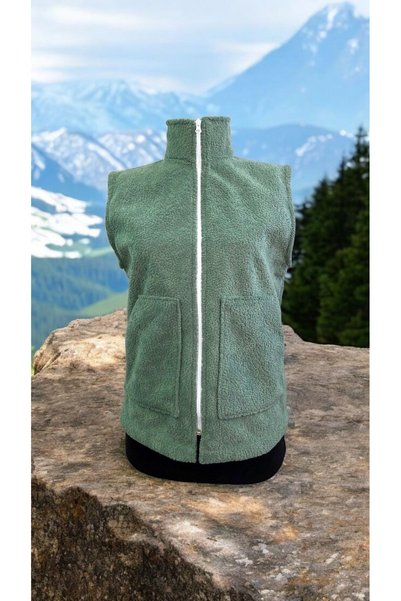 AHMERA Unisex Green Regular Fit Stand Collar Pocket Cotton Curl Pattern Vest