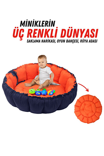 XPERMATE بساط لعب على شكل سرير مستدير 3 في 1 من Babynest، وحمام سباحة للأطفال، وسلة ألعاب باللون الأزرق الداكن