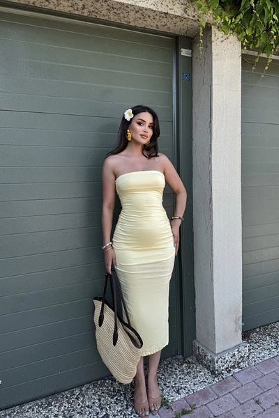 Sorridi Strapless Draped Back Slit Dress