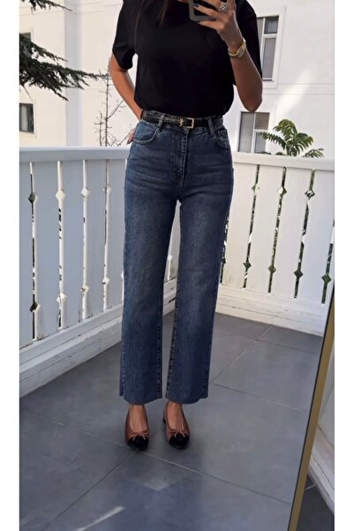 B1butik Koyu Mavi Kesik Paça Yüksek Bel Jean