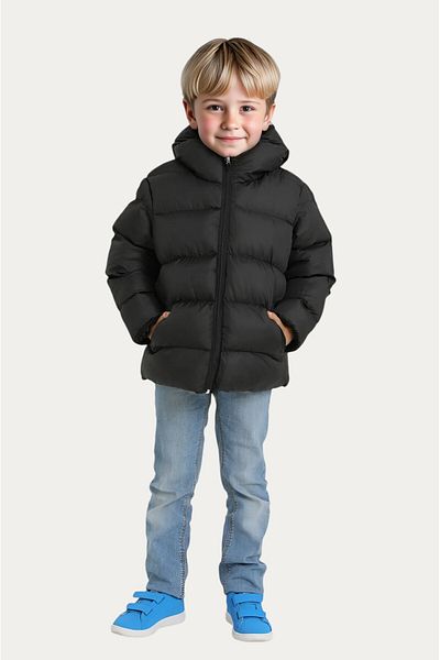 Firststops Sports Boy's Black Fleece Furry Hooded Waterproof Wind-Resistant Puffer Jacket