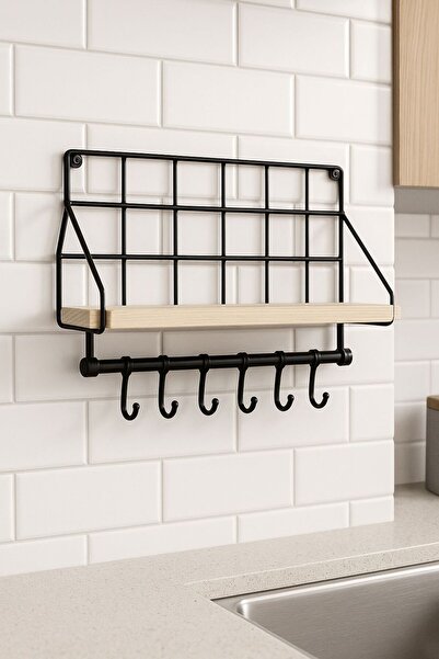 Kitchen Line Mutfak Rafı Bardak Askısı Kahve Fincanı Kupa Askısı Düzenleyici 6 Kancalı Ahşap Raf Organizeri