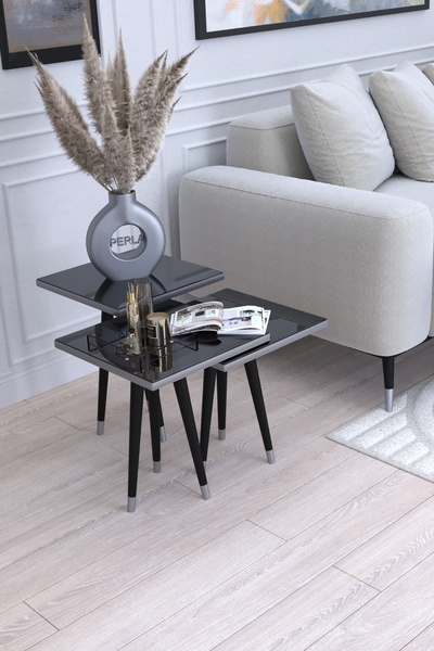 ysnn aksesuar LİVA 3'LÜ GRİ-SİYAH RENK FÜME AYNALI ZİGON SEHPA TAKIMI