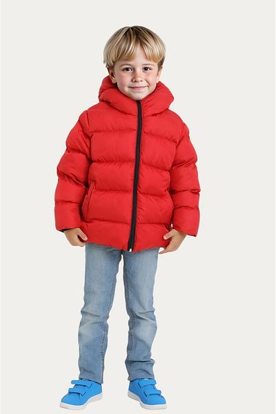 Firststops Sports Boy's Red Fleece Hooded Waterproof Wind-Resistant Puffer Jacket