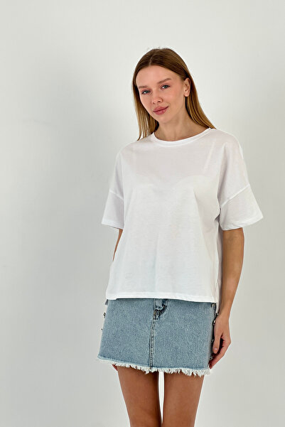 Miss Poem Γυναικείο κοντομάνικο φαρδύ λευκό μπλουζάκι καλοκαιριού oversized