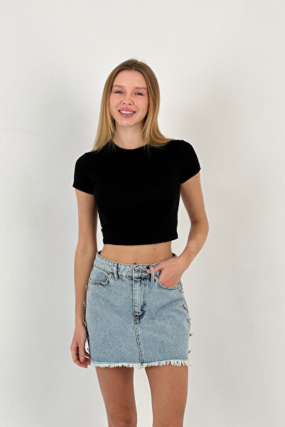 Miss Poem Women's Tight Summer Short Sleeve Short Black Crop T-Shirt