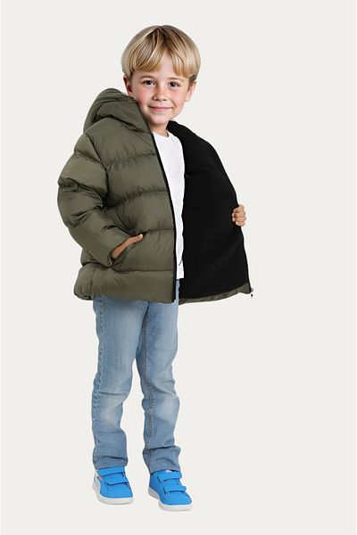Firststops Sports Boy's Khaki Fleece Fur Hooded Waterproof Wind-Resistant Puffer Jacket